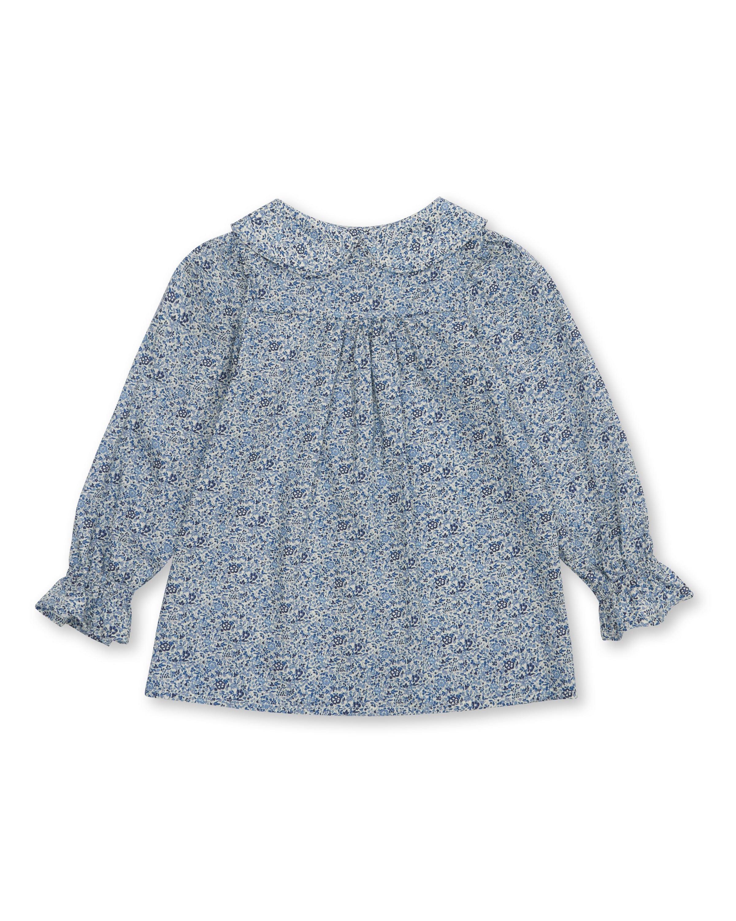 Girls' Designer Shirt, Blue Floral, ages 1 to 6.