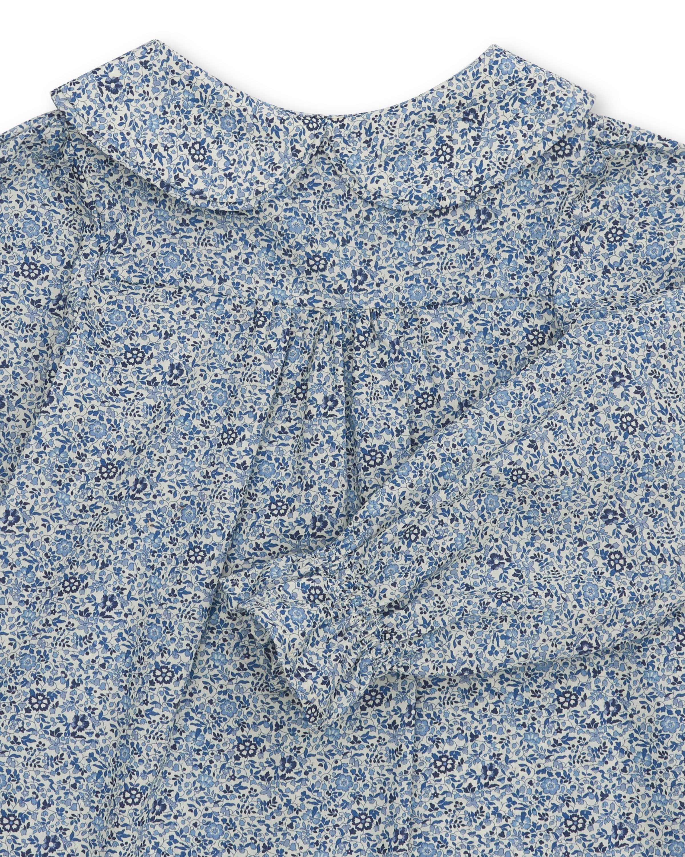 Girls' Designer Shirt, Blue Floral, ages 1 to 6.