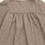 Girls' Designer Dress, Oatmeal, long sleeve, mid length, ages 1 to 6.