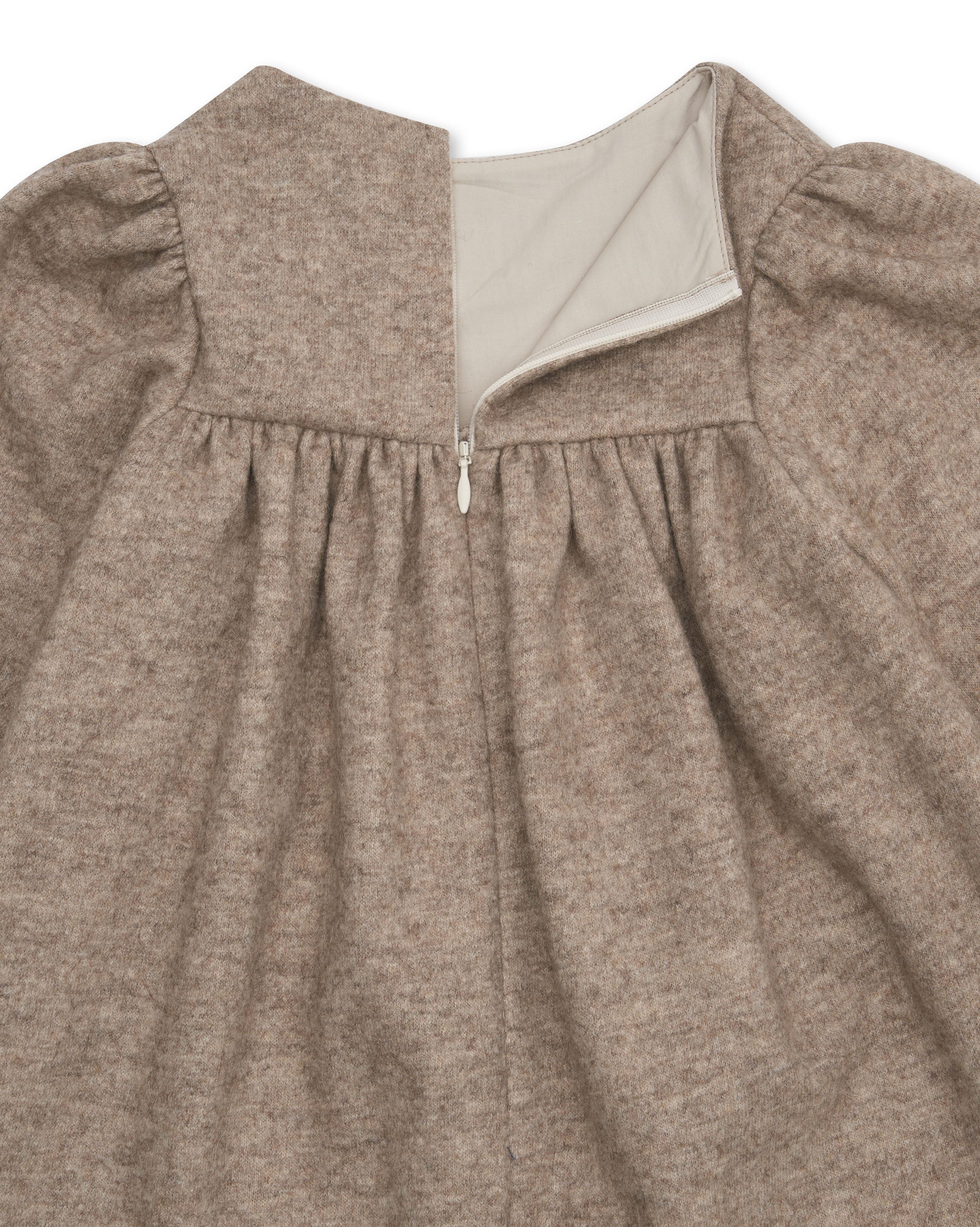 Girls' Designer Dress, Oatmeal, long sleeve, mid length, ages 1 to 6.